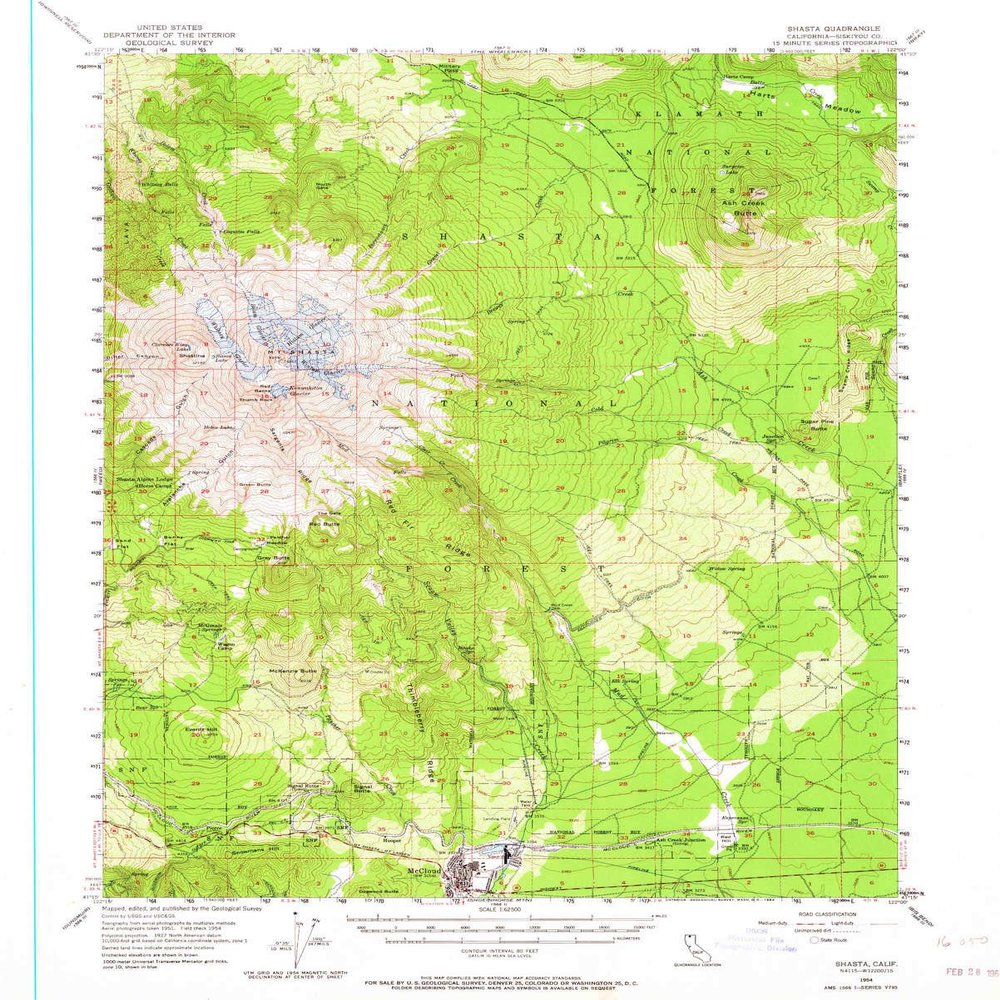 YellowMaps Shasta CA topo map, 1:62500 Scale, 15 X 15 Minute, Historical, 1954, Updated 1964, 20.7 x 16.6 in - Tyvek