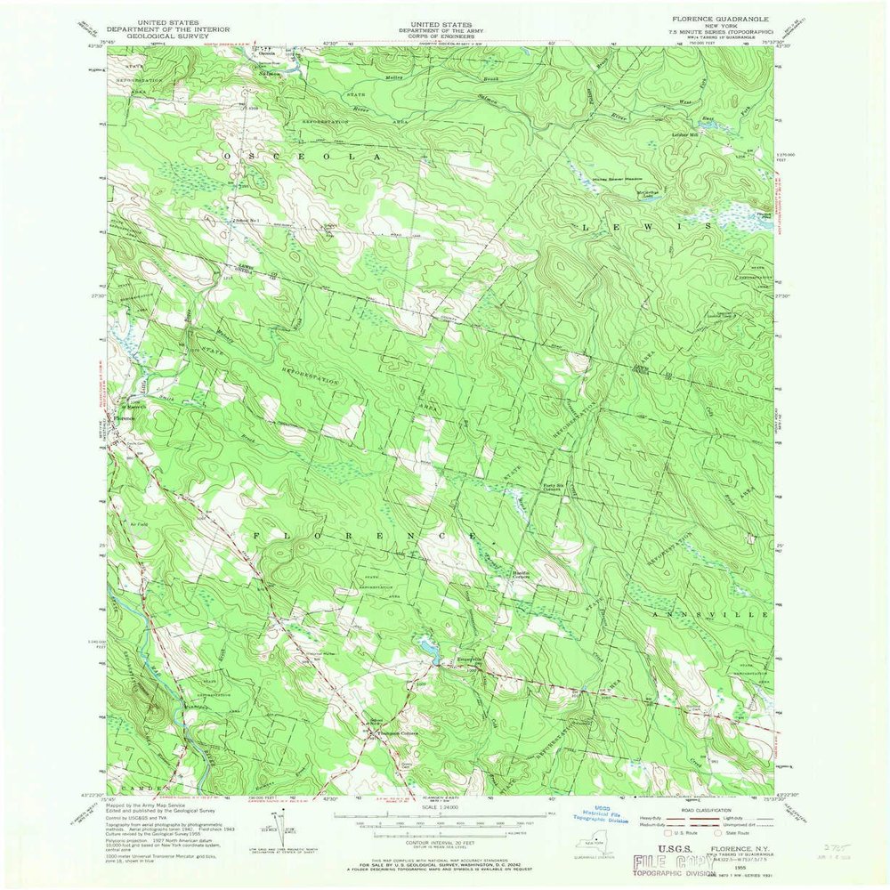 YellowMaps Florence NY topo map, 1:24000 Scale, 7.5 X 7.5 Minute, Historical, 1955, Updated 1969, 27 x 22.1 in - Tyvek