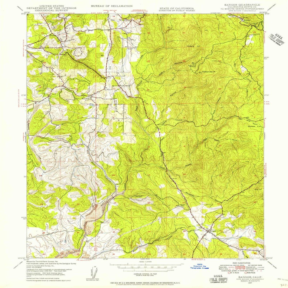 YellowMaps Bangor CA topo map, 1:24000 Scale, 7.5 X 7.5 Minute, Historical, 1947, Updated 1956, 26.8 x 21.5 in - Polypropylene