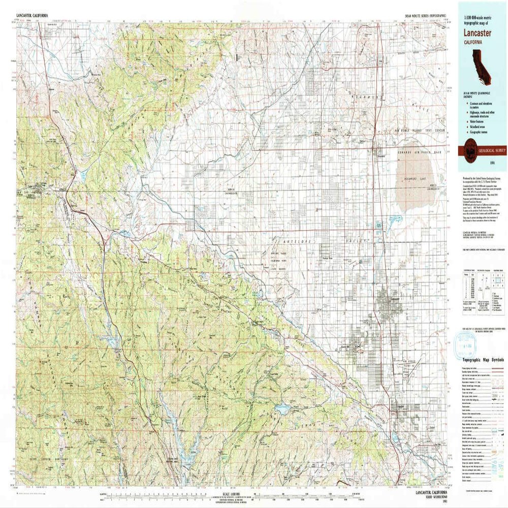 YellowMaps Lancaster CA topo map, 1:100000 Scale, 30 X 60 Minute, Historical, 1981, Updated 1984, 24 x 42.5 in - Tyvek