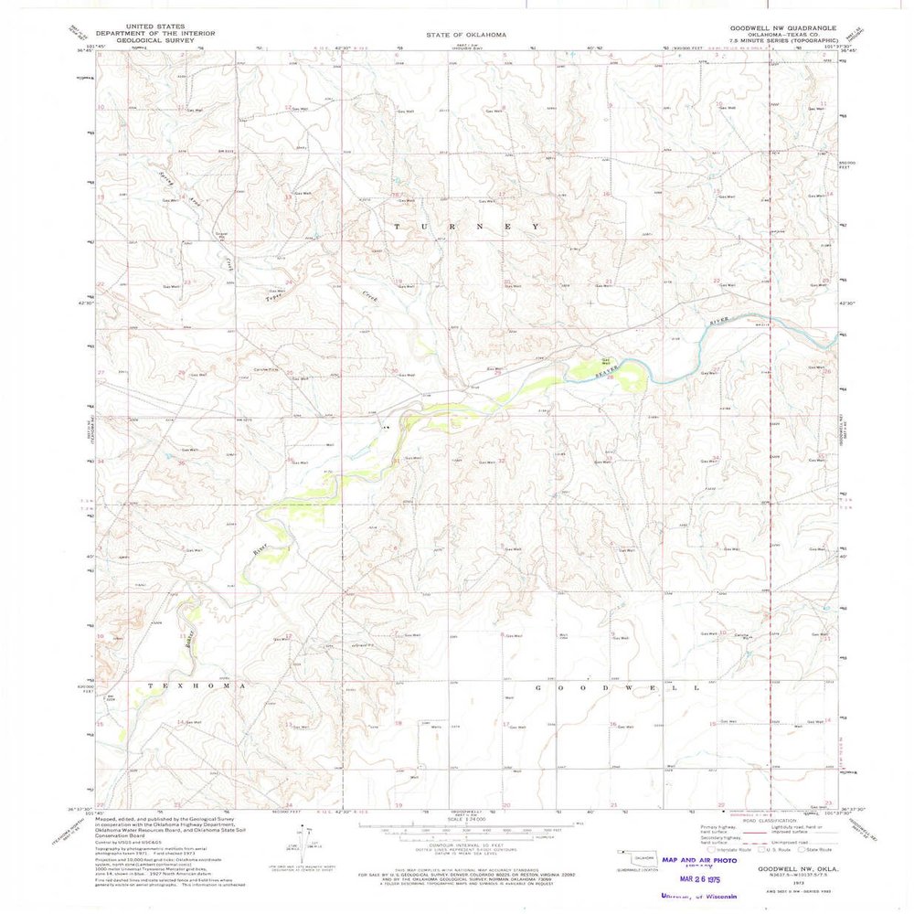 YellowMaps Goodwell NW OK topo map, 1:24000 Scale, 7.5 X 7.5 Minute, Historical, 1973, Updated 1975, 27.3 x 22.4 in - Polypropylene