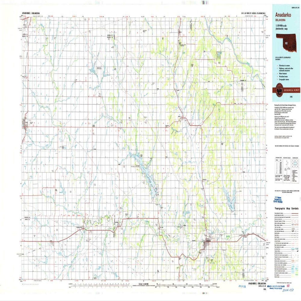 YellowMaps Anadarko OK topo map, 1:100000 Scale, 30 X 60 Minute, Historical, 1986, Updated 1986, 25.1 x 44.2 in - Polypropylene