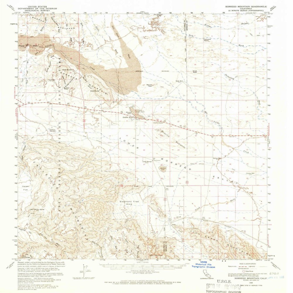 YellowMaps Borrego Mountain CA topo map, 1:62500 Scale, 15 X 15 Minute, Historical, 1960, Updated 1966, 20.9 x 17.3 in - Polypropylene