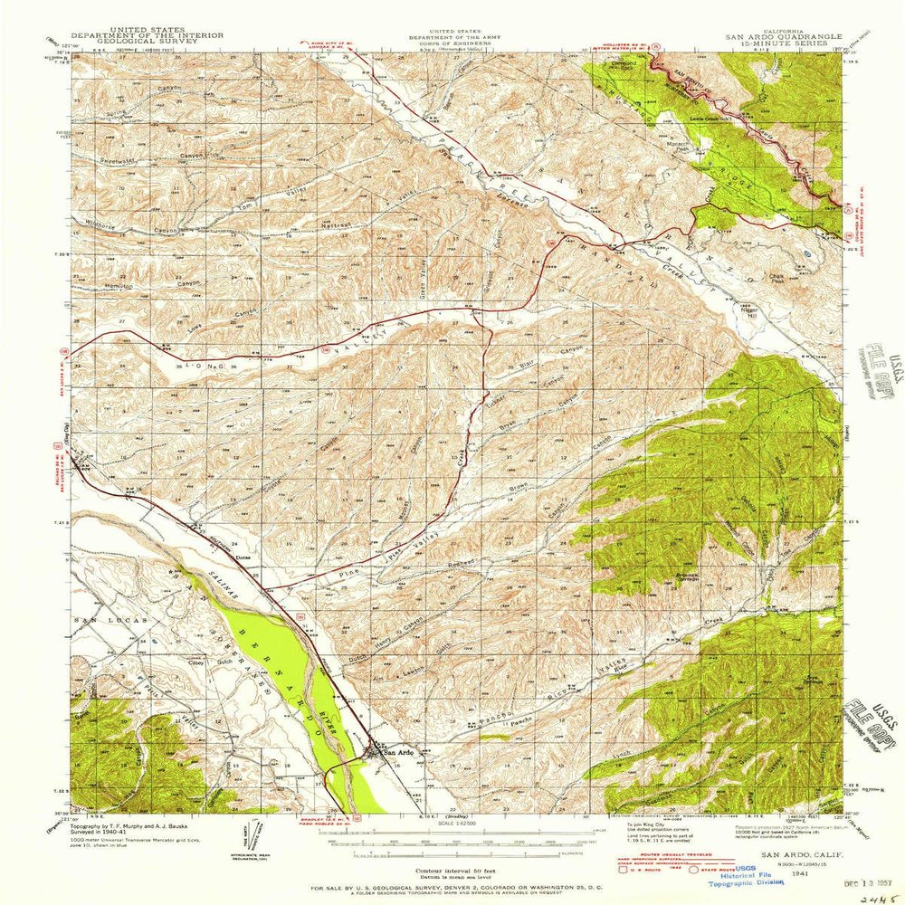 YellowMaps San Ardo CA topo map, 1:62500 Scale, 15 X 15 Minute, Historical, 1941, Updated 1958, 20.8 x 16.6 in - Polypropylene