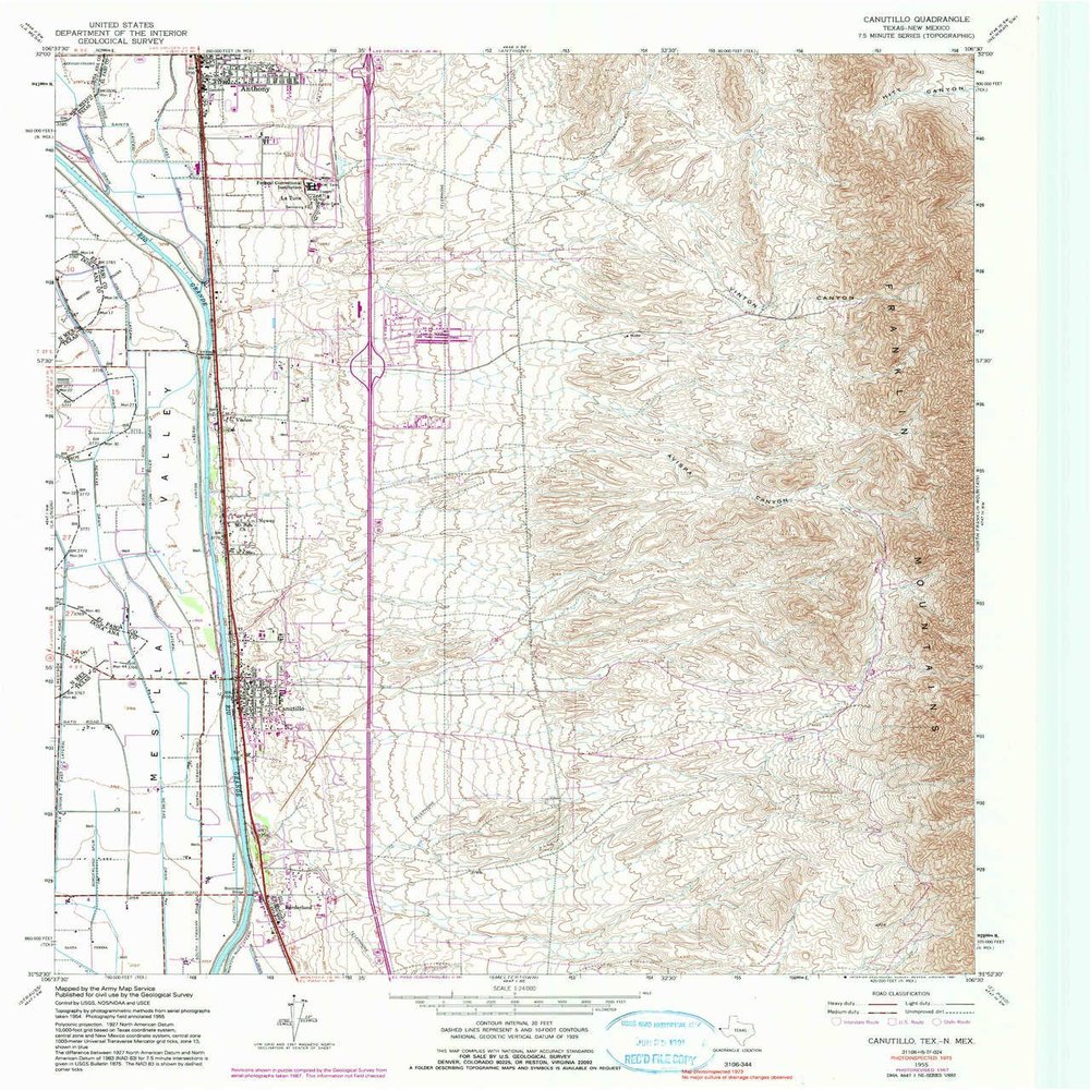 YellowMaps Canutillo TX topo map, 1:24000 Scale, 7.5 X 7.5 Minute, Historical, 1955, Updated 1991, 26.9 x 23 in - Polypropylene