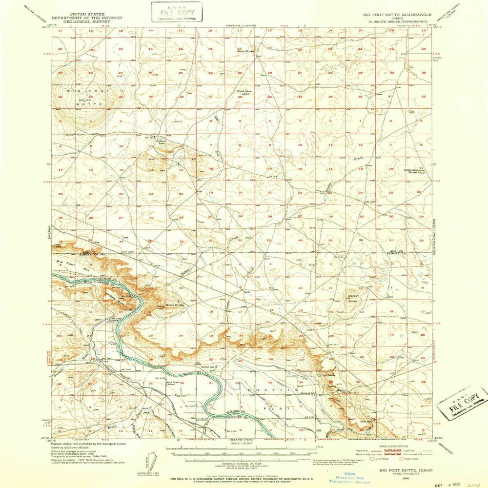 YellowMaps Big Foot Butte ID topo map, 1:62500 Scale, 15 X 15 Minute, Historical, 1948, Updated 1952, 20.8 x 16.4 in - Polypropylene