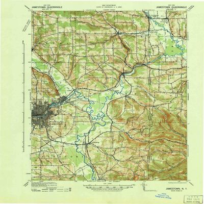 YellowMaps Jamestown NY topo map, 1:62500 Scale, 15 X 15 Minute, Historical, 1942, 20.9 x 17 in - Polypropylene