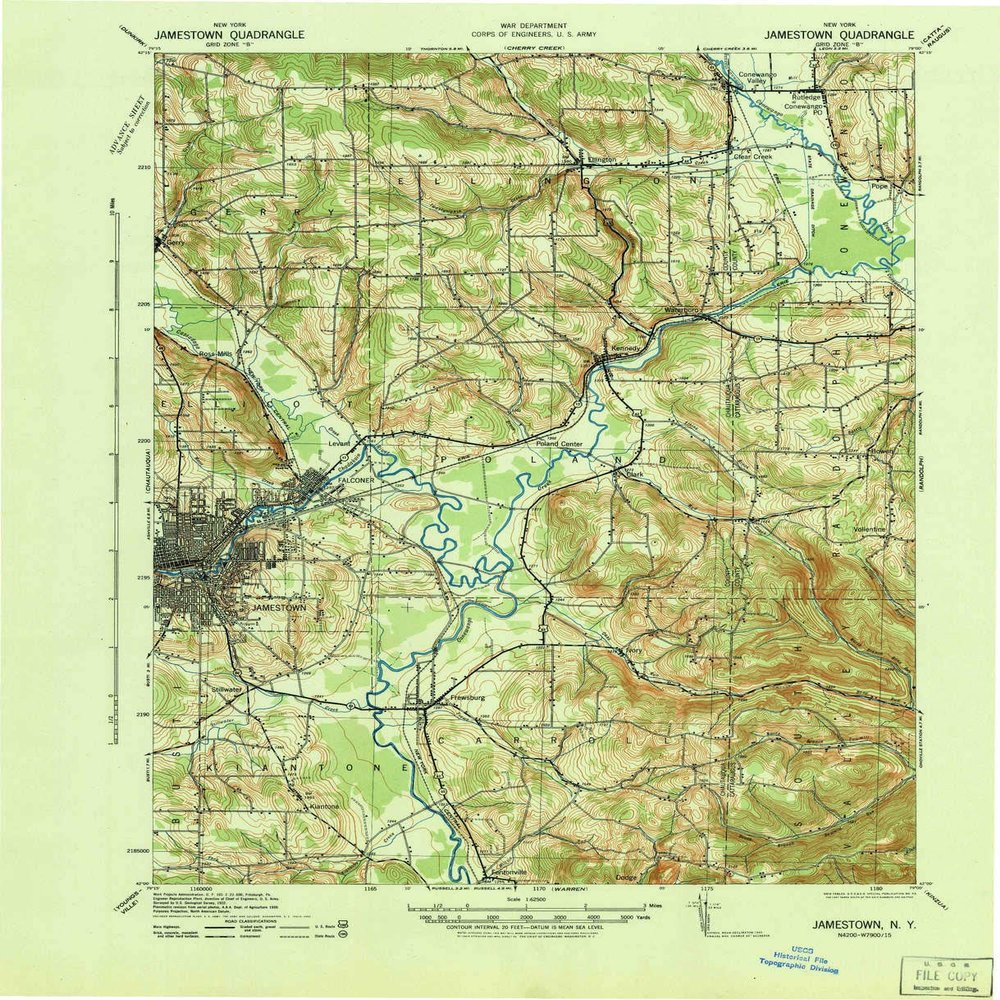YellowMaps Jamestown NY topo map, 1:62500 Scale, 15 X 15 Minute, Historical, 1942, 20.9 x 17 in - Polypropylene