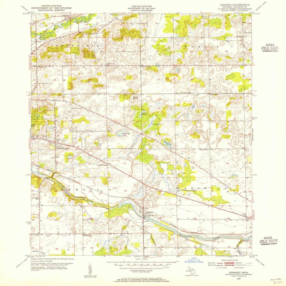 YellowMaps Ceresco MI topo map, 1:24000 Scale, 7.5 X 7.5 Minute, Historical, 1947, Updated 1955, 26.9 x 21.9 in - Polypropylene