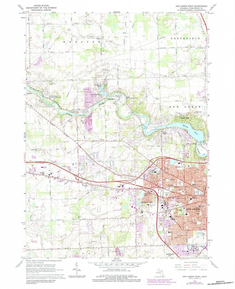 YellowMaps Ann Arbor West MI topo map, 1:24000 Scale, 7.5 X 7.5 Minute, Historical, 1965, Updated 1984, 27 x 22 in - Polypropylene