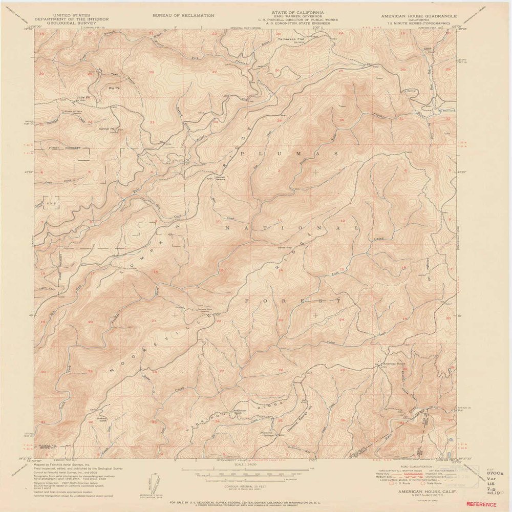 YellowMaps American House CA topo map, 1:24000 Scale, 7.5 X 7.5 Minute, Historical, 1950, 27.1 x 21.3 in - Polypropylene