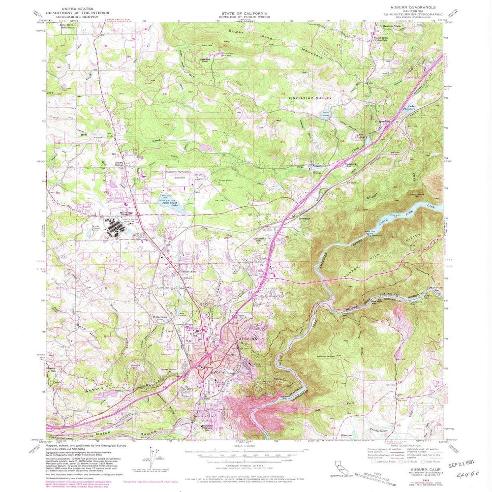 YellowMaps Auburn CA topo map, 1:24000 Scale, 7.5 X 7.5 Minute, Historical, 1953, Updated 1981, 26.8 x 22 in - Polypropylene