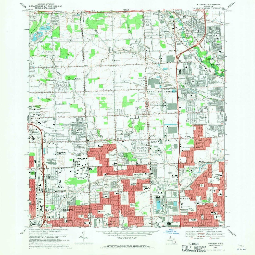 YellowMaps Warren MI topo map, 1:24000 Scale, 7.5 X 7.5 Minute, Historical, 1968, Updated 1971, 26.9 x 22 in - Tyvek