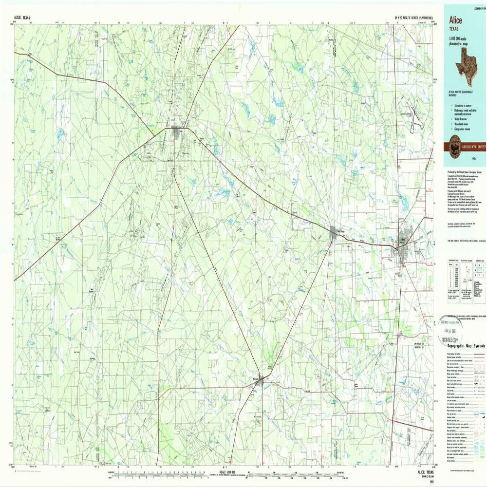 YellowMaps Alice TX topo map, 1:100000 Scale, 30 X 60 Minute, Historical, 1985, Updated 1985, 24.1 x 45.1 in - Polypropylene