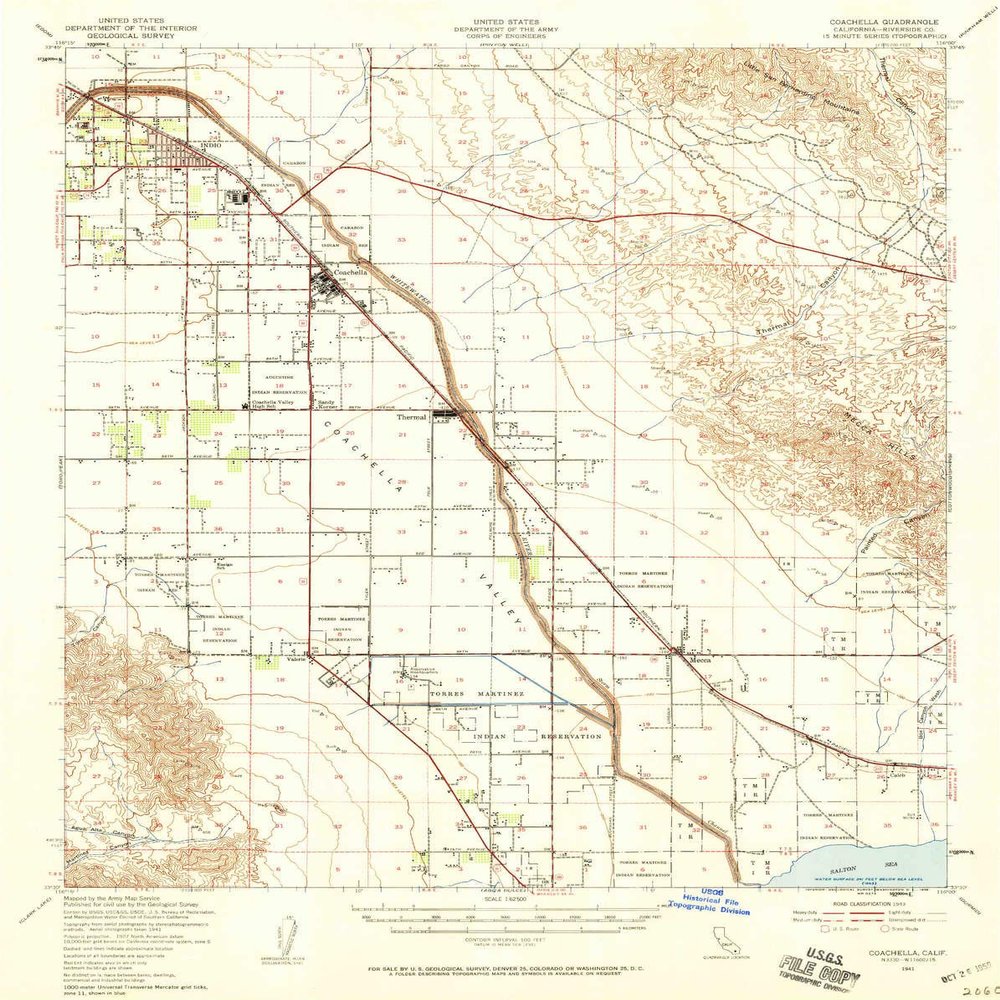 YellowMaps Coachella CA topo map, 1:62500 Scale, 15 X 15 Minute, Historical, 1941, Updated 1959, 20.8 x 16.6 in - Tyvek