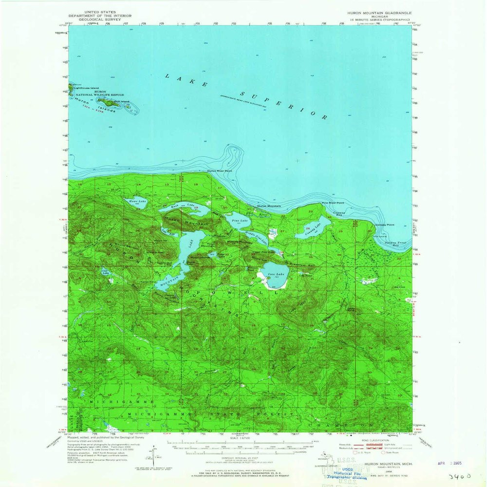 YellowMaps Huron Mountain MI topo map, 1:62500 Scale, 15 X 15 Minute, Historical, 1954, Updated 1965, 20.9 x 17 in - Tyvek