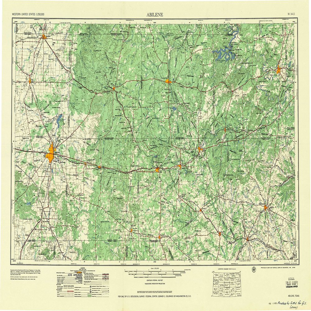 YellowMaps Abilene TX topo map, 1:250000 Scale, 1 X 2 Degree, Historical, 1958, Updated 1958, 23 x 32.9 in - Polypropylene