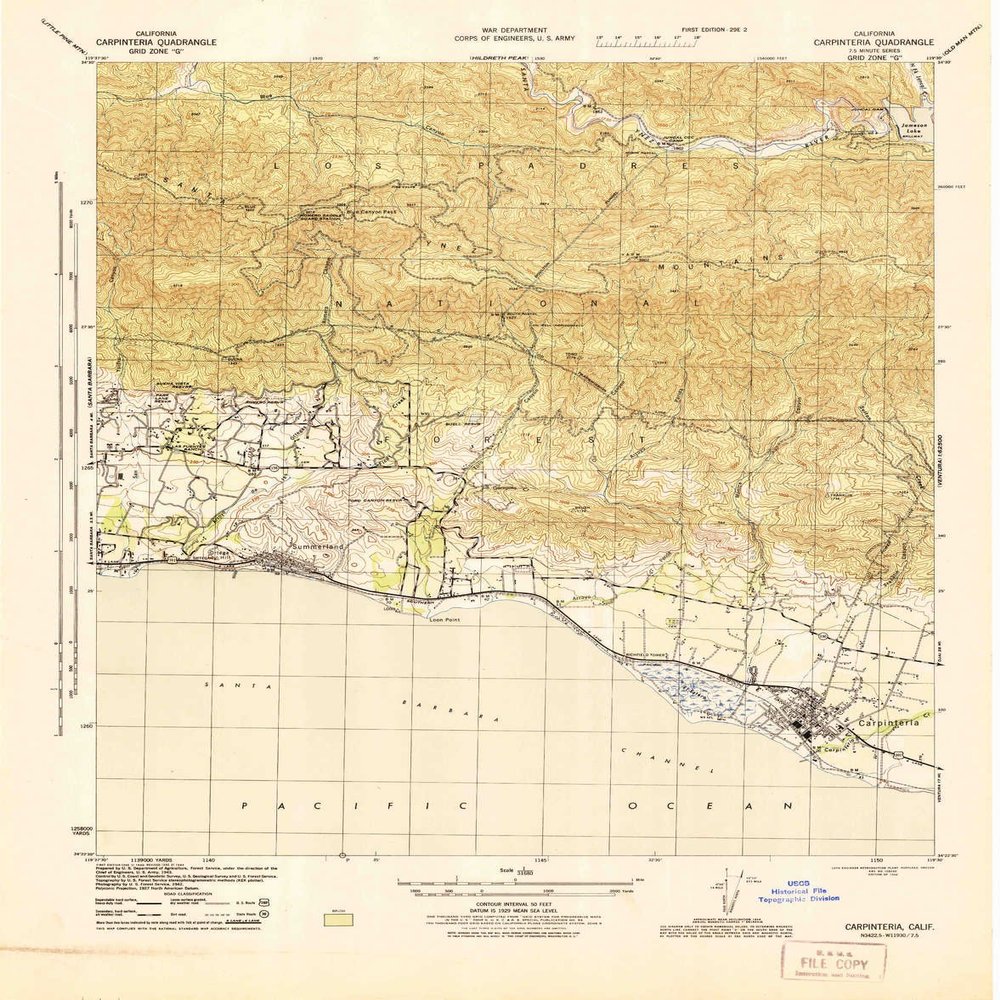 YellowMaps Carpinteria CA topo map, 1:31680 Scale, 7.5 X 7.5 Minute, Historical, 1944, Updated 1944, 21.7 x 17.1 in - Polypropylene