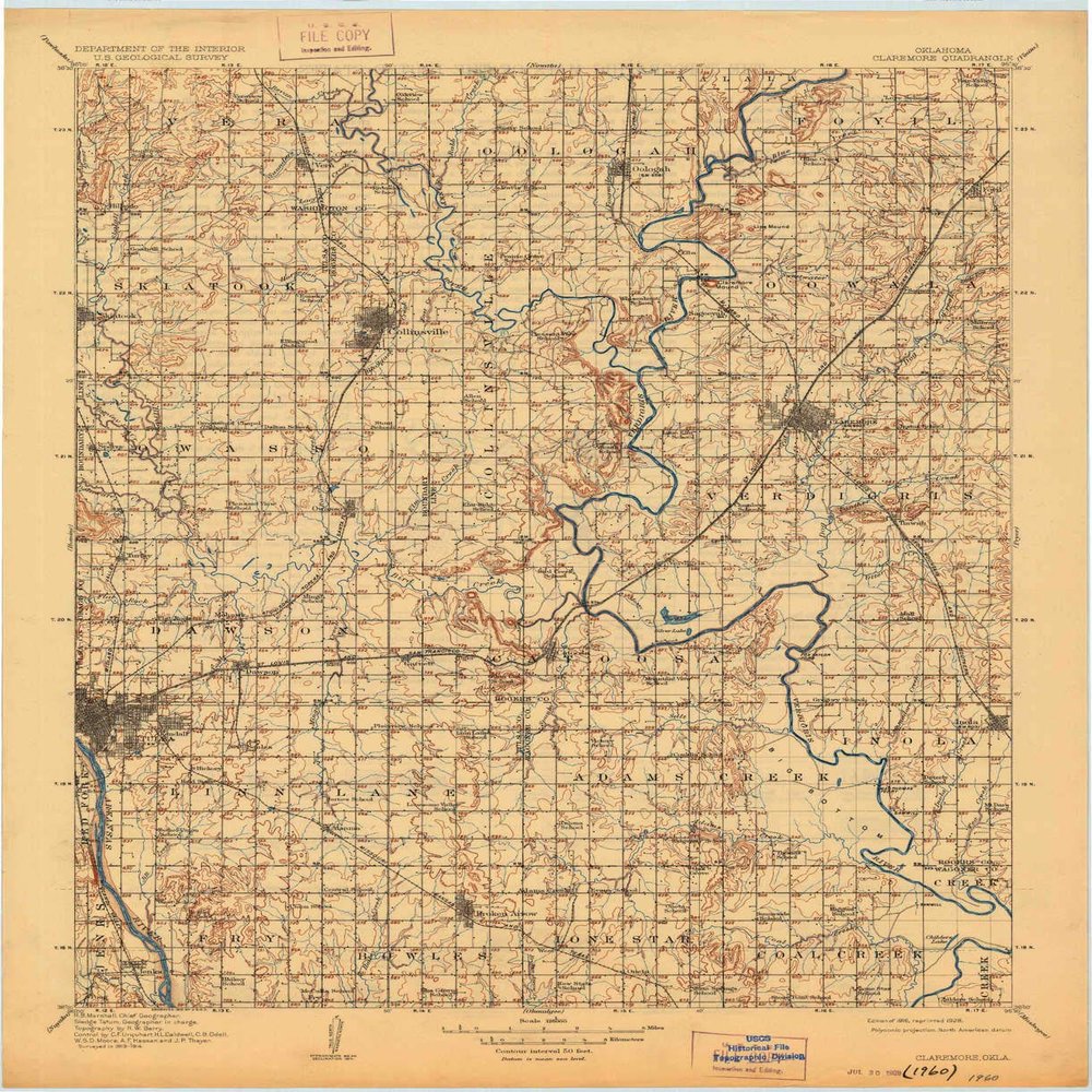 YellowMaps Claremore OK topo map, 1:125000 Scale, 30 X 30 Minute, Historical, 1916, Updated 1928, 20.3 x 16.5 in - Tyvek