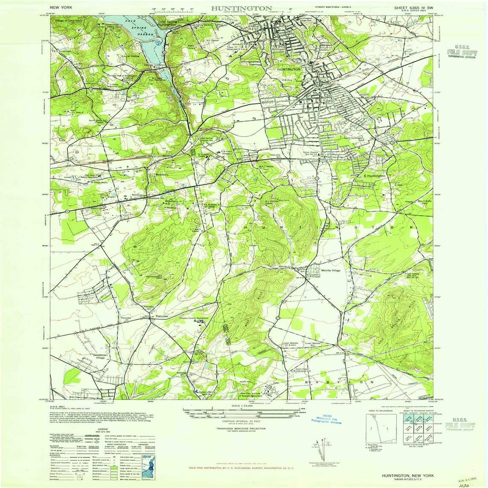 YellowMaps Huntington NY topo map, 1:24000 Scale, 7.5 X 7.5 Minute, Historical, 1947, 28.9 x 22 in - Polypropylene
