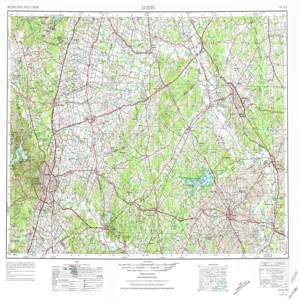 YellowMaps Austin TX topo map, 1:250000 Scale, 1 X 2 Degree, Historical, 1954, Updated 1976, 22.1 x 33.1 in - Polypropylene