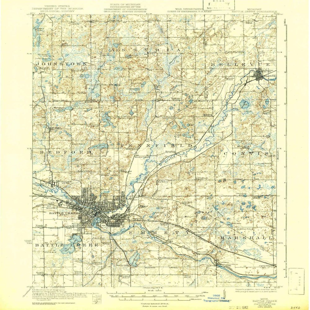 YellowMaps Battle Creek MI topo map, 1:62500 Scale, 15 X 15 Minute, Historical, 1918, Updated 1942, 19.9 x 16.5 in - Polypropylene