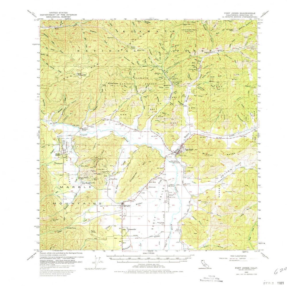 YellowMaps Fort Jones CA topo map, 1:62500 Scale, 15 X 15 Minute, Historical, 1955, Updated 1980, 21.8 x 17.3 in - Polypropylene