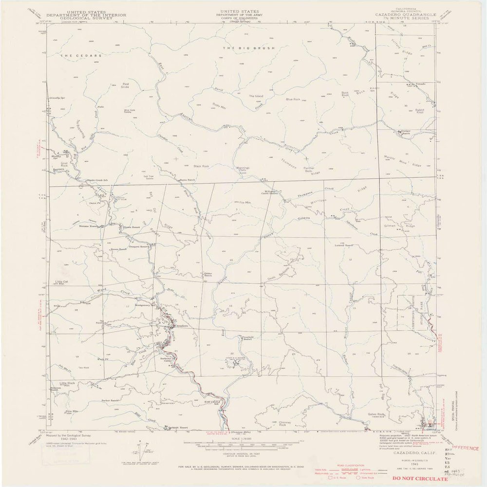 YellowMaps Cazadero CA topo map, 1:24000 Scale, 7.5 X 7.5 Minute, Historical, 1943, Updated 1965, 27.2 x 22.3 in - Tyvek
