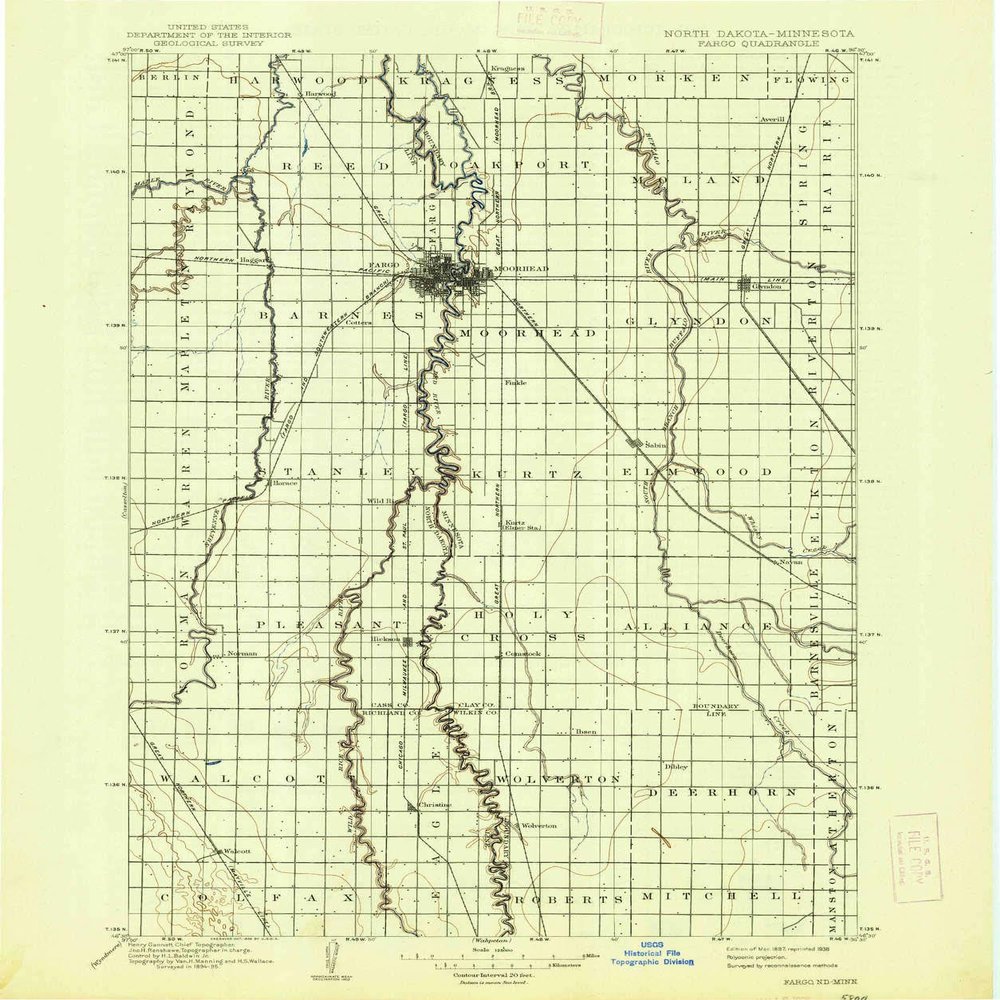 YellowMaps Fargo ND topo map, 1:125000 Scale, 30 X 30 Minute, Historical, 1897, Updated 1938, 19.8 x 16.6 in - Polypropylene