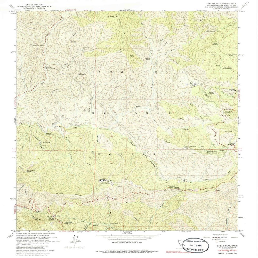YellowMaps Chilao Flat CA topo map, 1:24000 Scale, 7.5 X 7.5 Minute, Historical, 1959, Updated 1986, 26.8 x 22 in - Tyvek