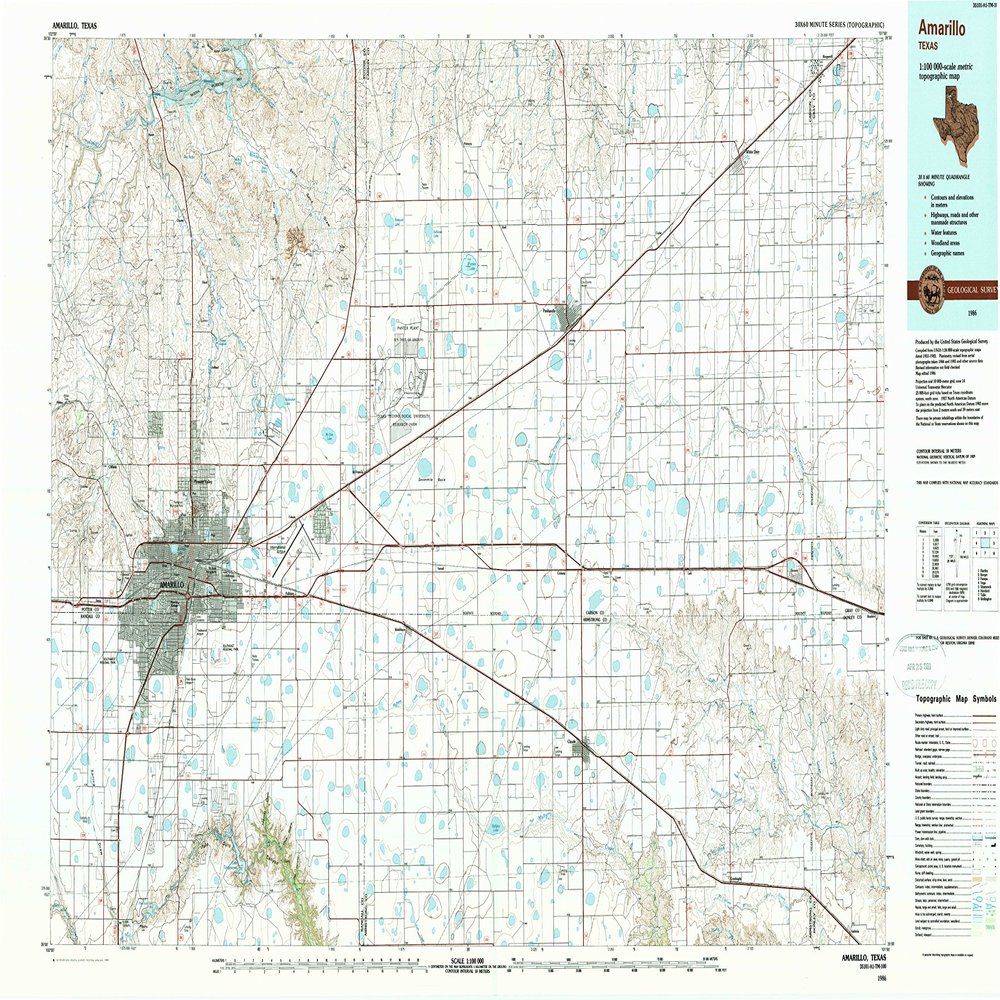 YellowMaps Amarillo TX topo map, 1:100000 Scale, 30 X 60 Minute, Historical, 1986, Updated 1989, 24.1 x 43 in - Polypropylene