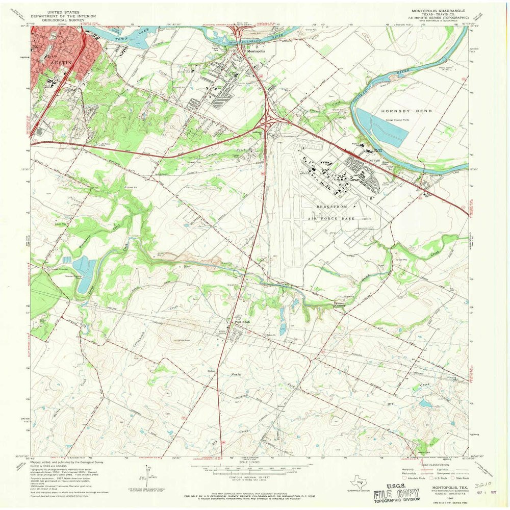 YellowMaps Montopolis TX topo map, 1:24000 Scale, 7.5 X 7.5 Minute, Historical, 1966, Updated 1970, 26.9 x 23 in - Tyvek