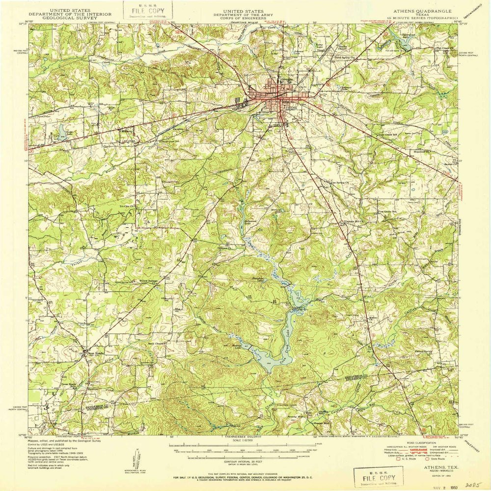 YellowMaps Athens TX topo map, 1:62500 Scale, 15 X 15 Minute, Historical, 1950, 20.8 x 17 in - Polypropylene