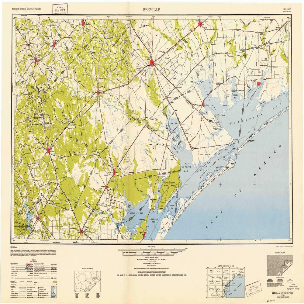 YellowMaps Beeville TX topo map, 1:250000 Scale, 1 X 2 Degree, Historical, 1953, Updated 1953, 24.1 x 34.2 in - Polypropylene