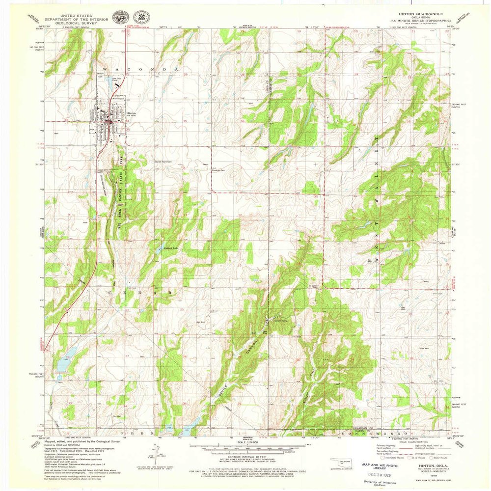 YellowMaps Hinton OK topo map, 1:24000 Scale, 7.5 X 7.5 Minute, Historical, 1979, Updated 1979, 27.4 x 22.5 in - Polypropylene