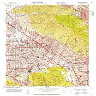 YellowMaps Burbank CA topo map, 1:24000 Scale, 7.5 X 7.5 Minute, Historical, 1953, Updated 1955, 26.8 x 22 in - Tyvek