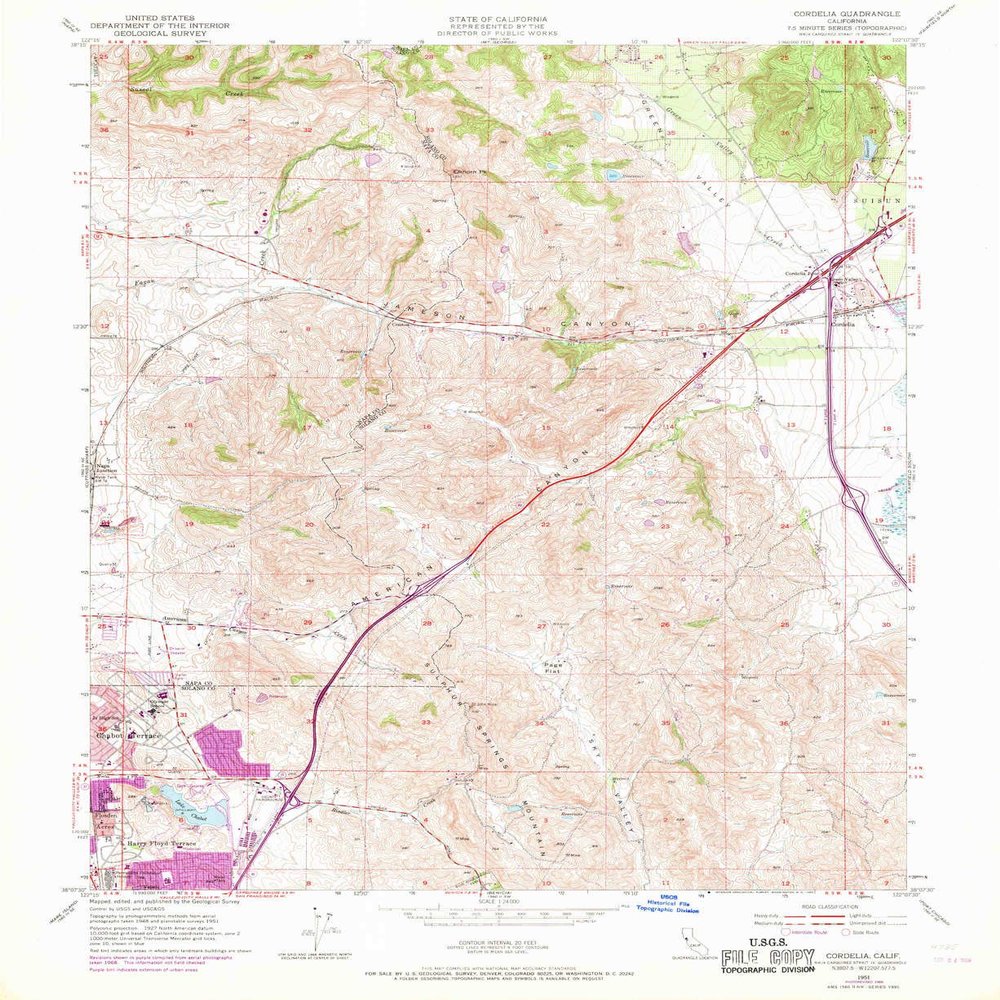 YellowMaps Cordelia CA topo map, 1:24000 Scale, 7.5 X 7.5 Minute, Historical, 1951, Updated 1969, 26.9 x 22 in - Polypropylene