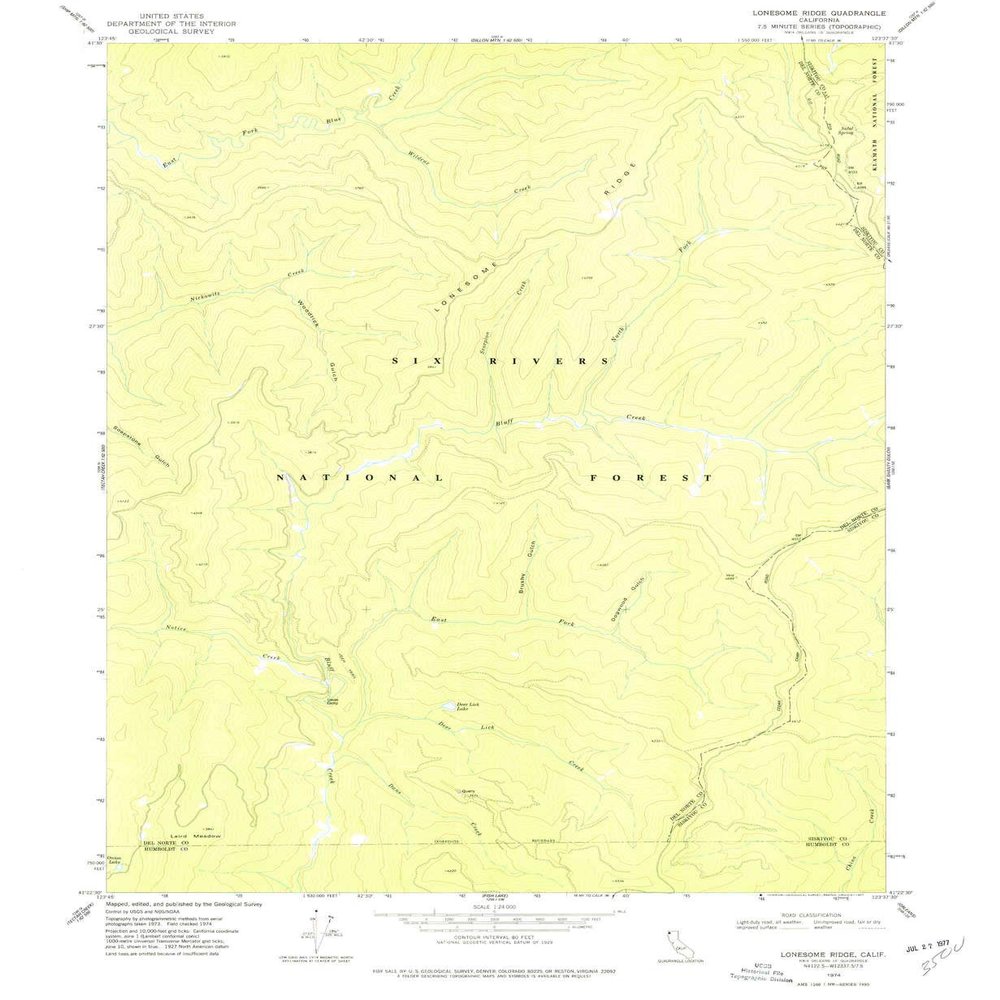 YellowMaps Lonesome Ridge CA topo map, 1:24000 Scale, 7.5 X 7.5 Minute, Historical, 1974, Updated 1977, 26.7 x 21.9 in - Polypropylene