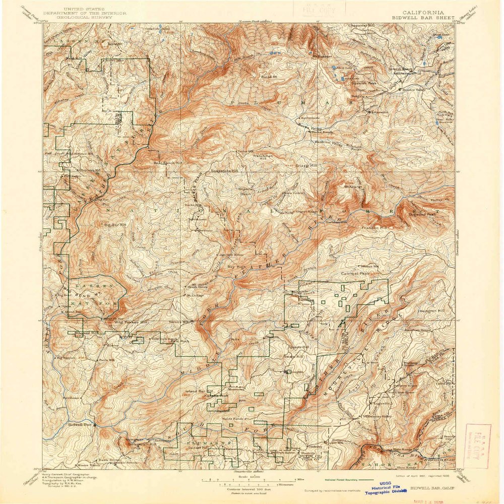 YellowMaps Bidwell Bar CA topo map, 1:125000 Scale, 30 X 30 Minute, Historical, 1897, Updated 1938, 19.7 x 16.5 in - Polypropylene
