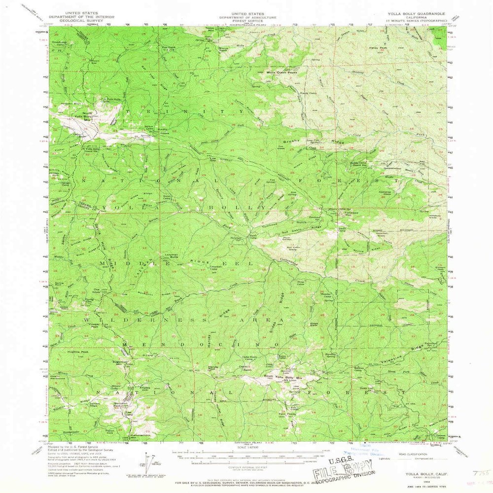 Yolla Bolly CA topo map, 1:62500 Scale, 15 X 15 Minute, Historical, 1954, Updated 1968, 20.8 x 16.6 in - Polypropylene