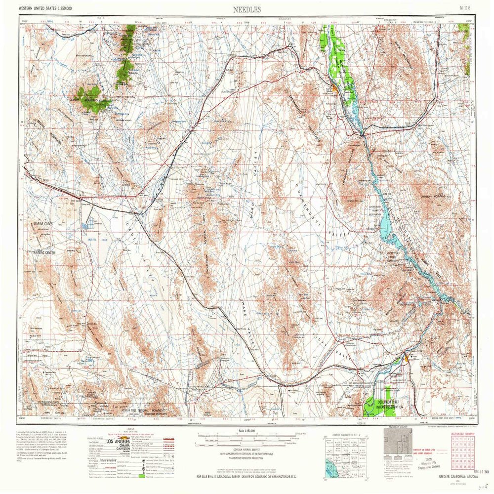 YellowMaps Needles CA topo map, 1:250000 Scale, 1 X 2 Degree, Historical, 1956, Updated 1964, 22 x 32 in - Polypropylene