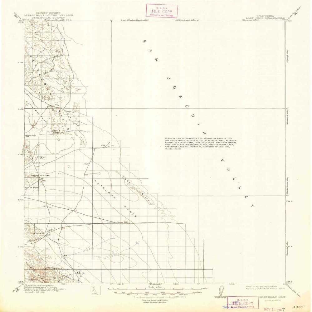 YellowMaps Lost Hills CA topo map, 1:125000 Scale, 30 X 30 Minute, Historical, 1914, Updated 1947, 20.8 x 17.1 in - Polypropylene