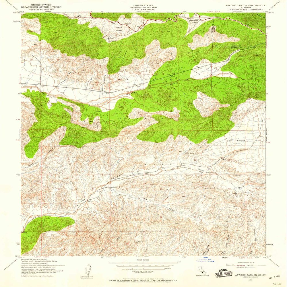 YellowMaps Apache Canyon CA topo map, 1:24000 Scale, 7.5 X 7.5 Minute, Historical, 1943, Updated 1959, 26.8 x 22 in - Tyvek