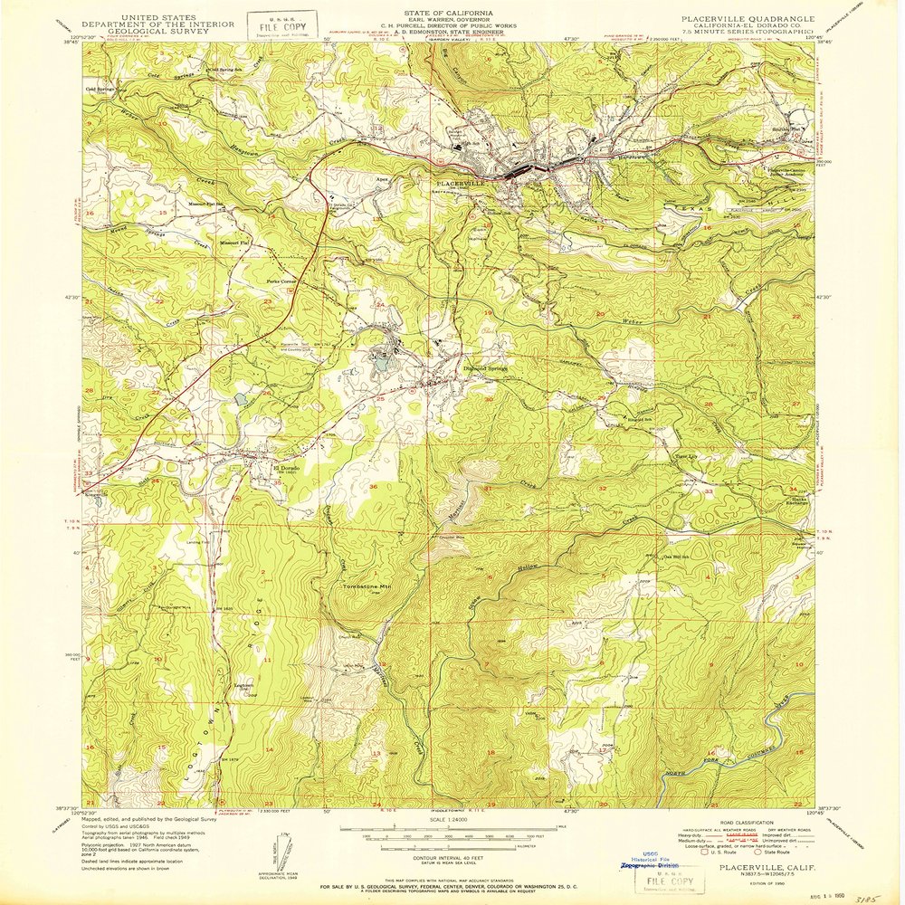 YellowMaps Placerville CA topo map, 1:24000 Scale, 7.5 X 7.5 Minute, Historical, 1950, 26.9 x 22 in - Polypropylene
