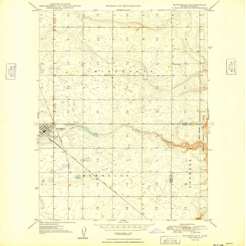 YellowMaps Bowbells ND topo map, 1:24000 Scale, 7.5 X 7.5 Minute, Historical, 1949, Updated 1949, 26.8 x 22 in - Polypropylene