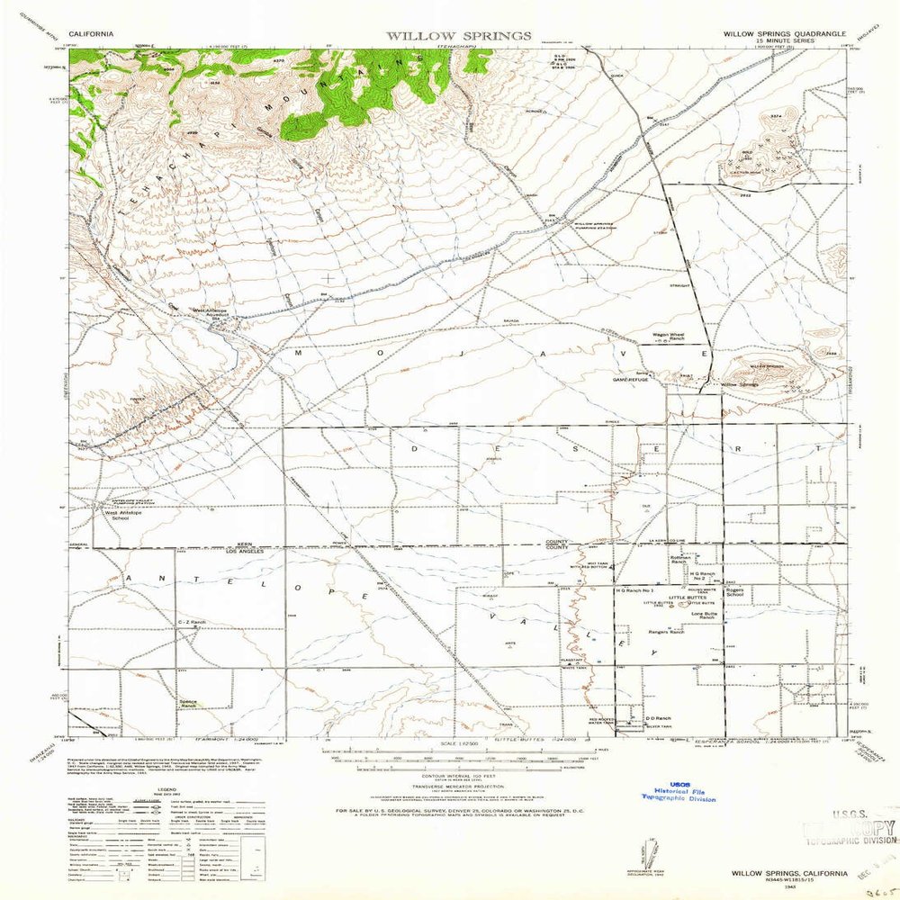 Willow Springs CA topo map, 1:62500 Scale, 15 X 15 Minute, Historical, 1943, Updated 1961, 22.8 x 16.6 in - Polypropylene