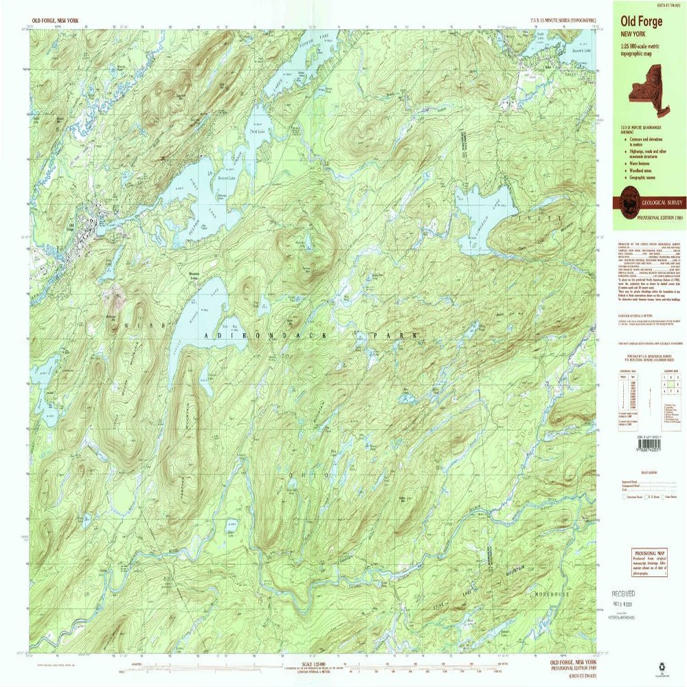 YellowMaps Old Forge NY topo map, 1:25000 Scale, 7.5 X 15 Minute, Historical, 1989, Updated 1990, 24 x 38.4 in - Polypropylene