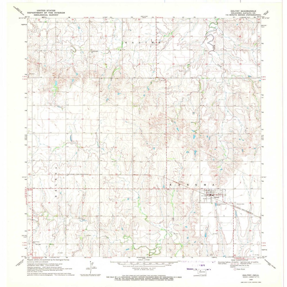 YellowMaps Goltry OK topo map, 1:24000 Scale, 7.5 X 7.5 Minute, Historical, 1969, Updated 1971, 27.4 x 22.5 in - Polypropylene