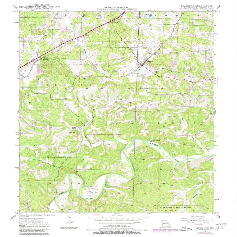 YellowMaps Leasburg MO topo map, 1:24000 Scale, 7.5 X 7.5 Minute, Historical, 1948, Updated 1980, 26.9 x 21.9 in - Tyvek