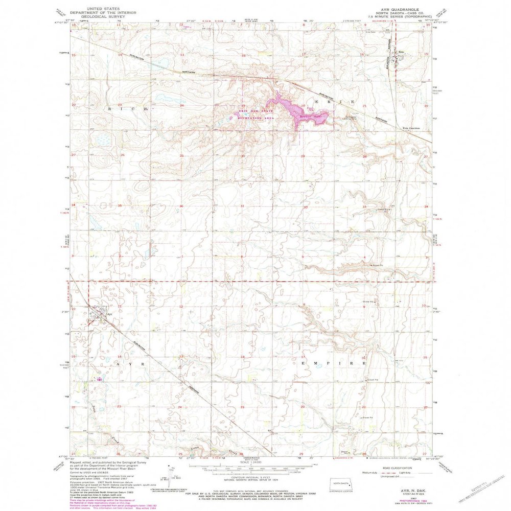 YellowMaps Ayr ND topo map, 1:24000 Scale, 7.5 X 7.5 Minute, Historical, 1967, Updated 1984, 26.8 x 22 in - Polypropylene